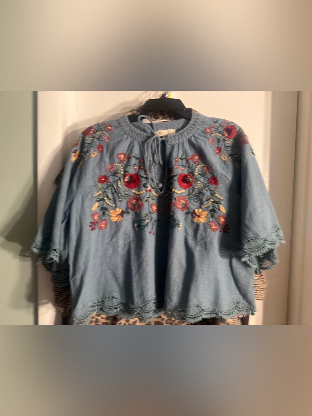 Light Blue Embroidered Floral Peasant Top NWT - Picture 3 of 5